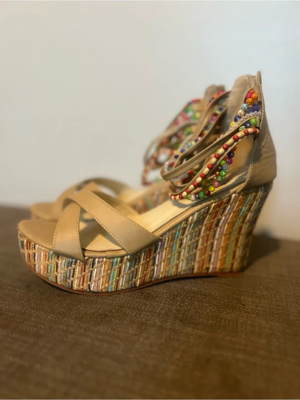Getmorebeauty Women’s Tan Wedge Sandals with Multicolor Beaded Straps